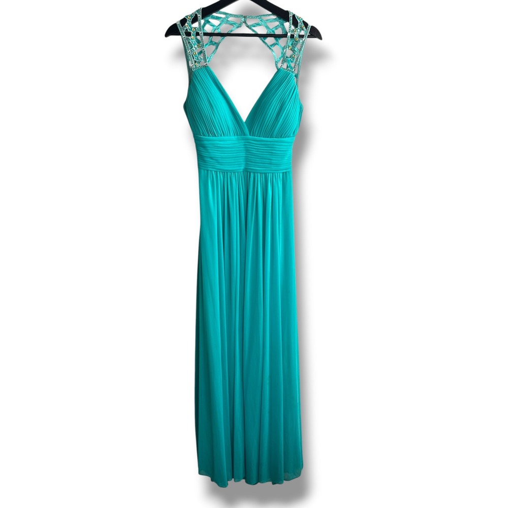 Betsy & Adam Evening Gown Women 6 Teal Rhinestone Lattice Back V-Neck